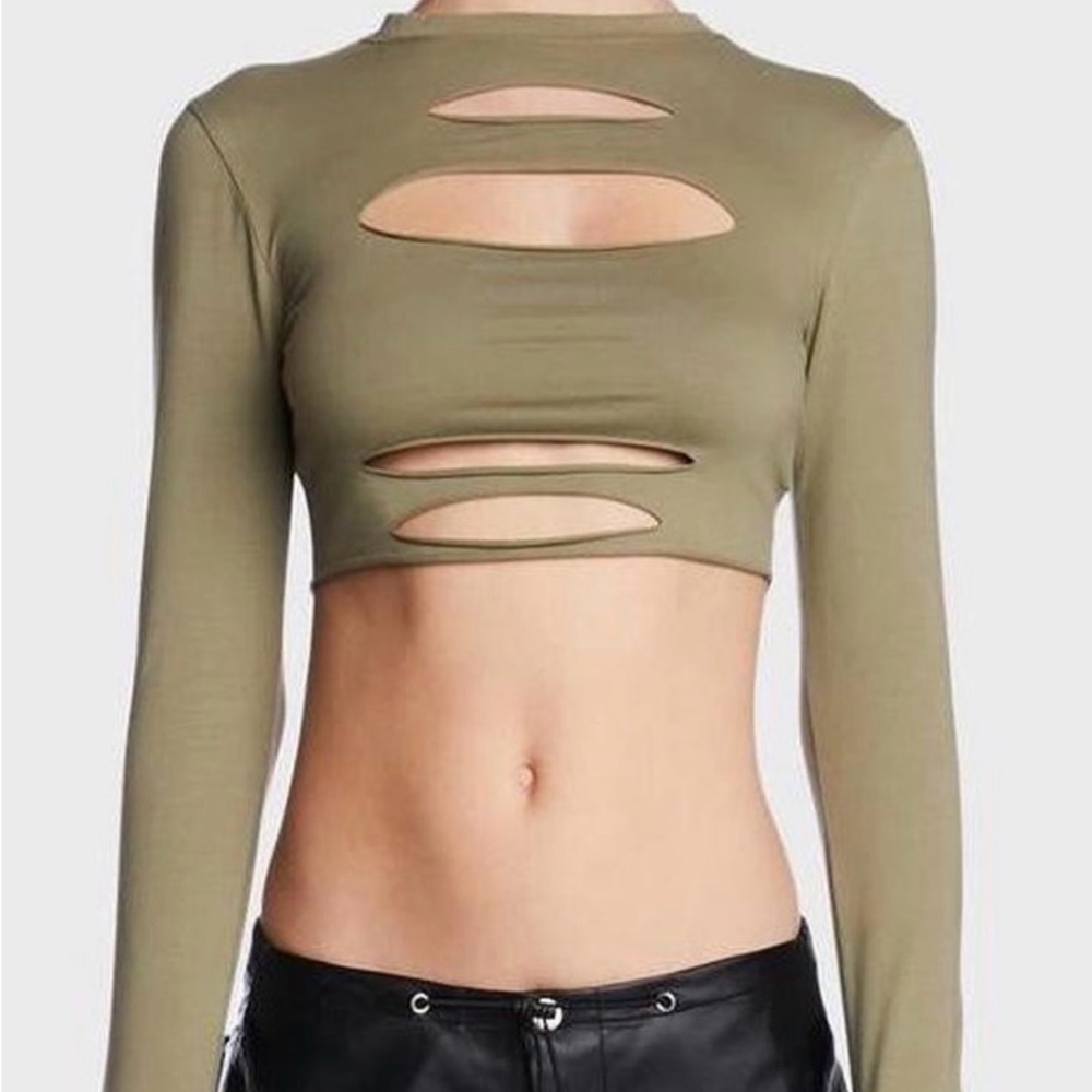 Edikted Khaki Cut-Out Long Sleeve Crop Top